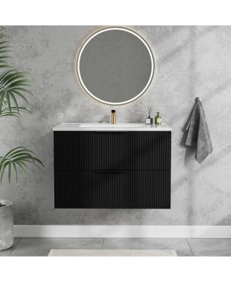 30" Wall Mounted Bathroom Vanity with Ceramic Sink, Fluted MDF Cabinet & Drawers for Modern Small Bathrooms-Sillysis