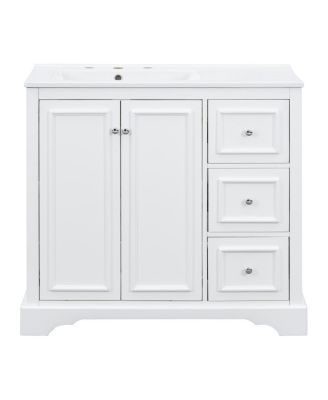 36" Transitional Bathroom Vanity with Ceramic Sink, Solid Wood & MDF, 2 Soft-Close Doors, 3 Drawers, Adjustable Shelf for Storage