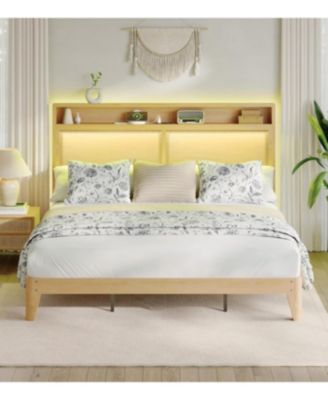 Rattan Bed Frame LED Lights Boho Wood Platform Storage Headboard Charging Station Silent Slats No Box Spring