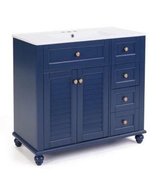 36" Bathroom Vanity with Ceramic Sink, Solid Wood Frame, Flip-Top and Drawer Storage, Adjustable Shelves