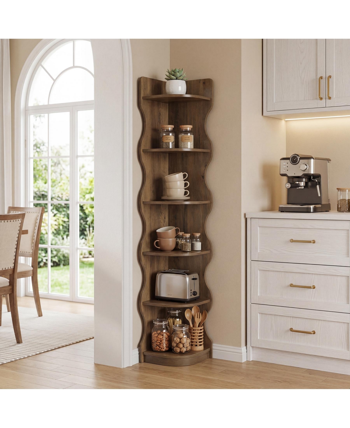 Tribesigns Modern 6-Tier Corner Shelf, 71'' Wavy Wall Corner Bookshelf, Unique Curvy Shape Corner Shelves Stand Plant Stand Display Rack