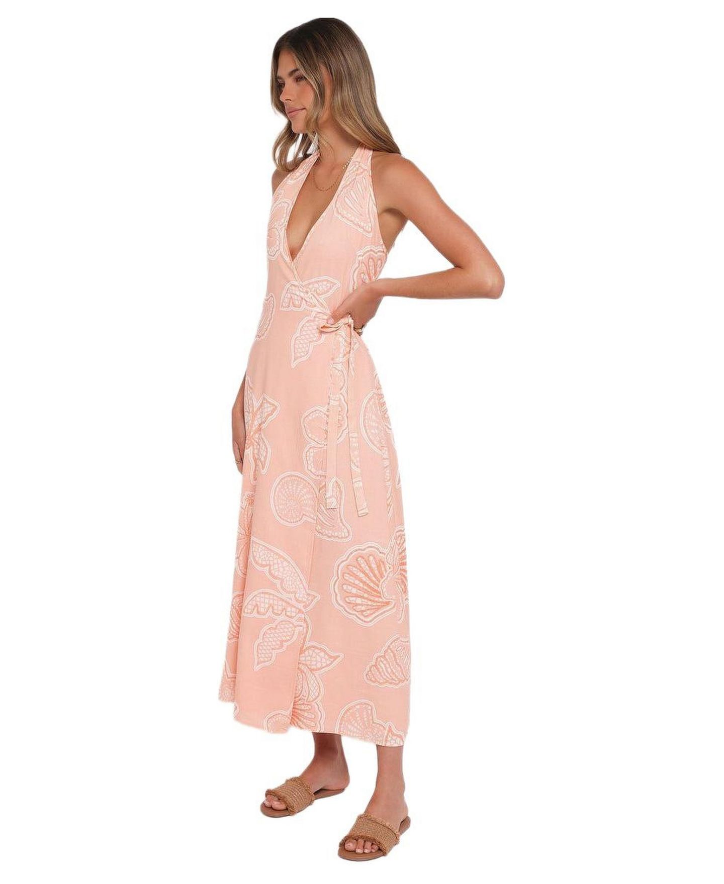 Женское платье Petal and Pup Sierra Wrap Midi, цвет: Персиковый с принтом — фото 2