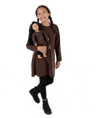 Girls Matching Girl & Doll Drawstring Cinch-Waist Long Sleeve Dress