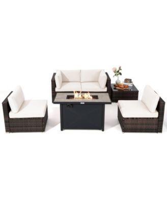 6PCS Patio Furniture Set Rattan Cushioned Sofa Gas Fire Pit Table