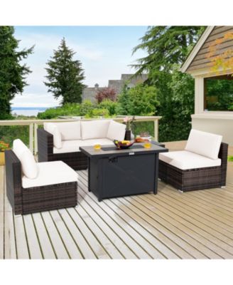 6PCS Patio Furniture Set Rattan Cushioned Sofa Gas Fire Pit Table