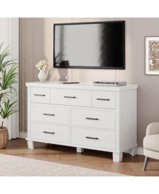 7 Drawer Wide Wood Dresser with Metal Handles, Modern Storage Cabinet for Bedroom, Hallway