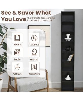 8-Tier Tall Narrow Bookshelf, Slim Storage Cabinet & Display Bookcase with Adjustable Shelves for Living Room, Office