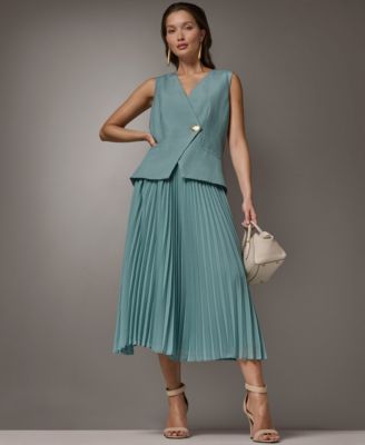 Women's Sleeveless V-Neck Vest and Pleated Skirt, 2-Piece Set Dress