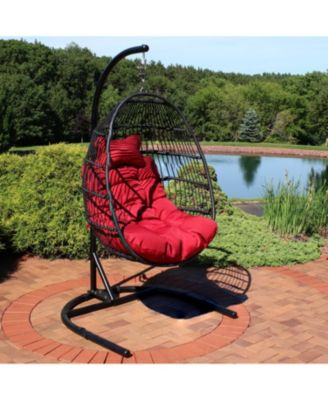 Outdoor Resin Wicker Patio Julia Hanging Basket Egg Chair Swing with Cushions, Headrest, and Steel Stand Set - 3pc