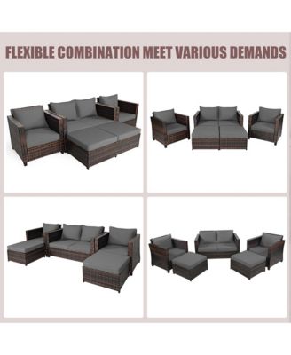 5PCS Patio Rattan Furniture Set Loveseat Sofa Ottoman Cushioned