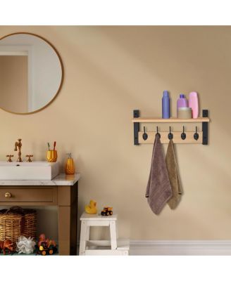 16 Inch Floating Wall Shelf with 5 Heavy Duty Hooks – for Entryway, Bathroom, Bedroom, Kitchen, or Mudroom