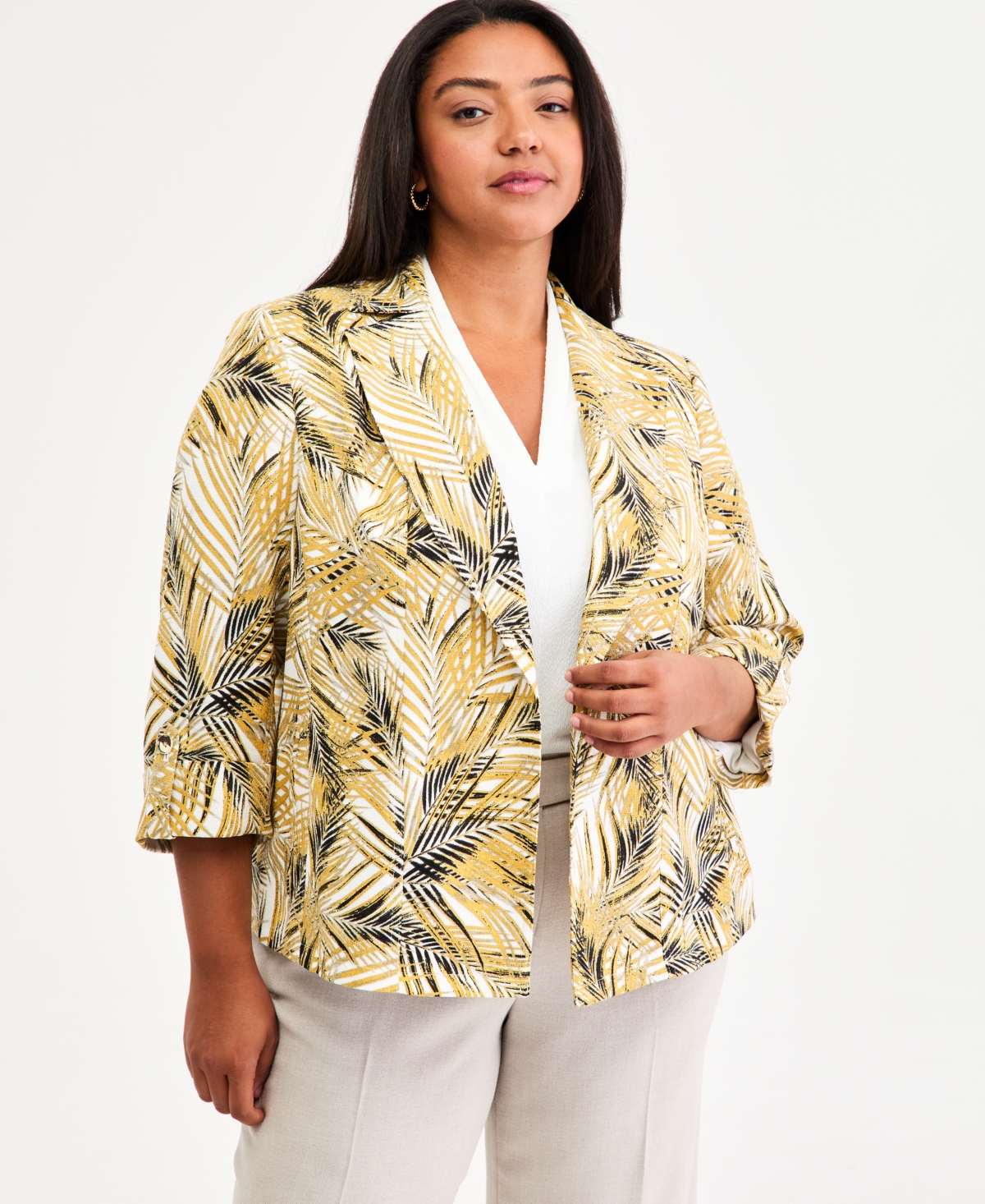 Kasper Plus Notch-Collar Cuff-Sleeve Open-Front Jacket