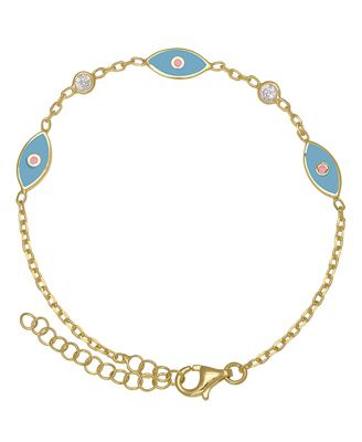 Girls Blue Enamel Evil Eye and Cubic Zirconia Bezel Station Chain Link Bracelet in 14K Gold over Sterling Silver