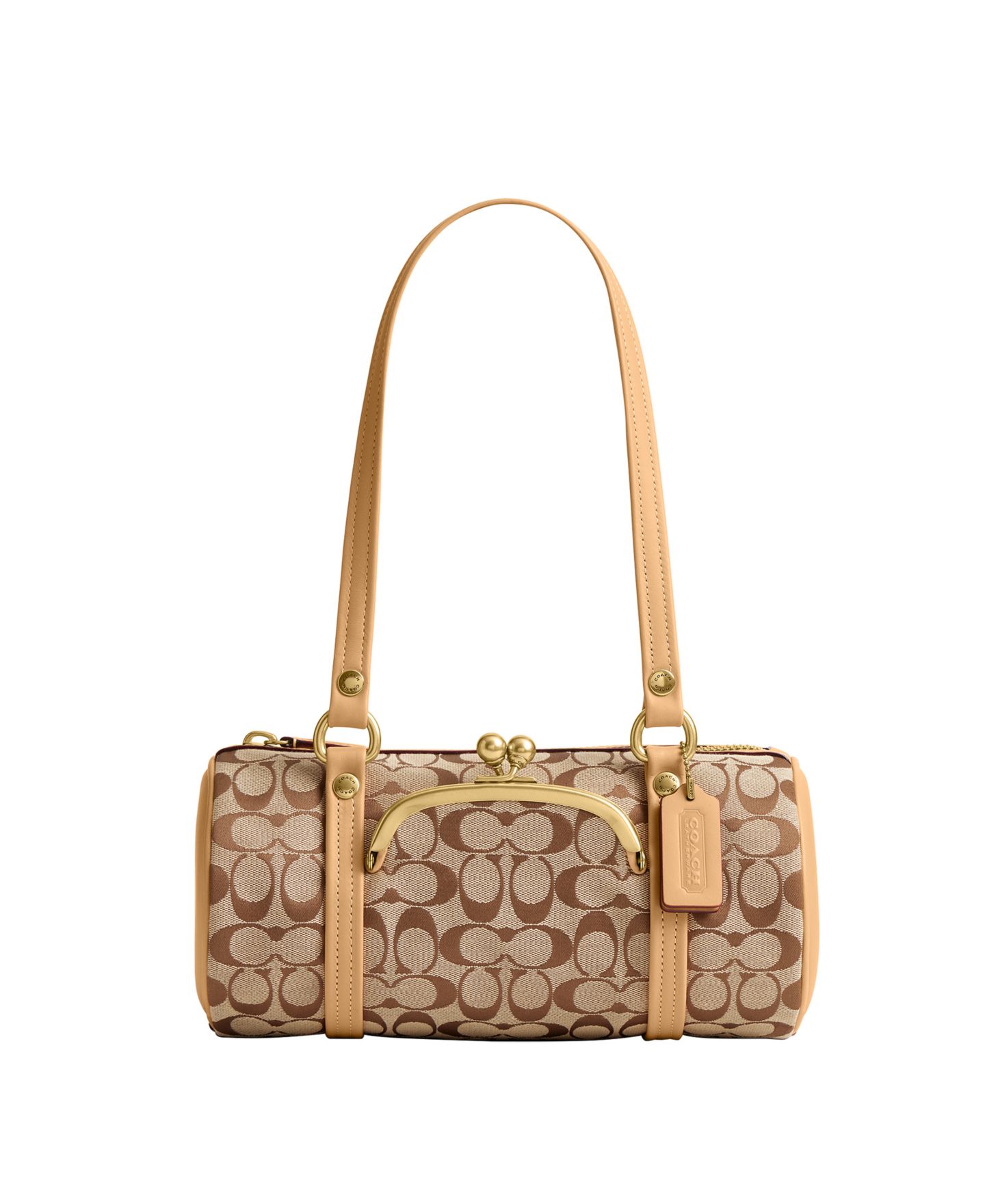 Женская сумка COACH Kisslock Small Signature Jacquard Barrel Shoulder 28, цвет: Латунный / Хаки персиковый — фото 1