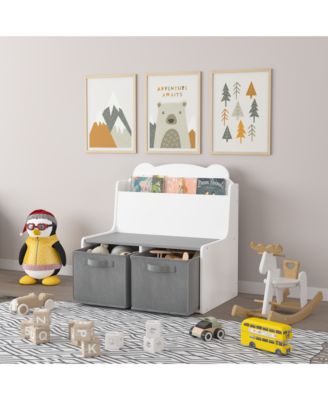 Kids Bookshelf - Wooden Bookcase with Book Display Shelf, 2 Fabric Bins and Bear-Shaped Backboard for Bedroom, Playroom