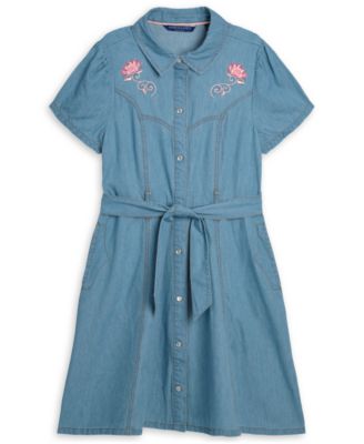 Girls' 7-16 Embroidered Short-Sleeve Denim Shirtdress