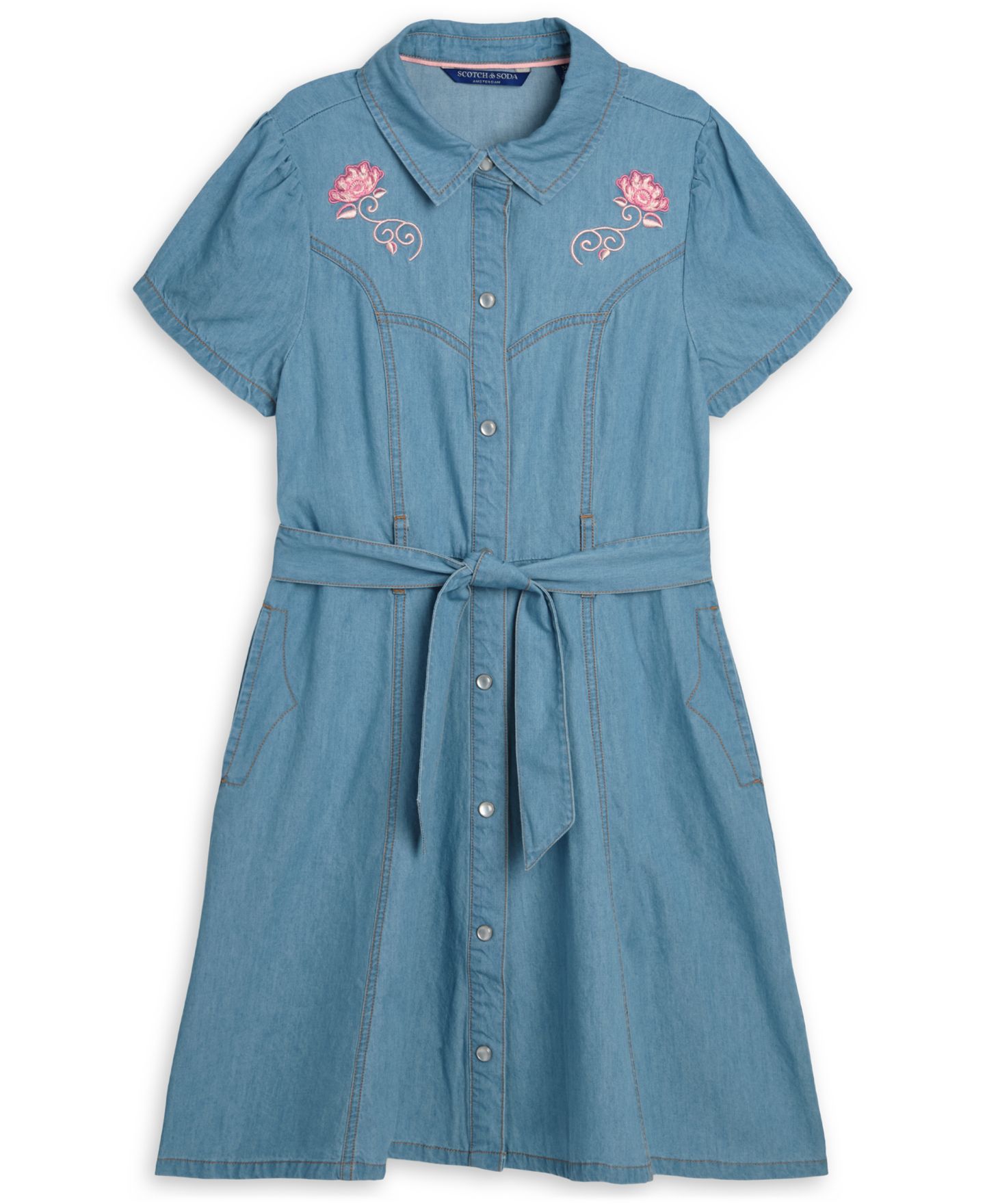 Платье SCOTCH & SODA Embroidered Short-Sleeve Denim Shirtdress для девочек, цвет: Синий — фото 1