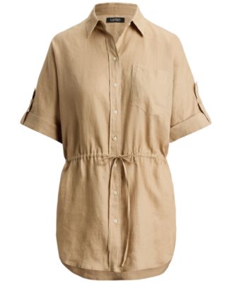 Petite Linen Drawcord-Waist Collared Tunic Top