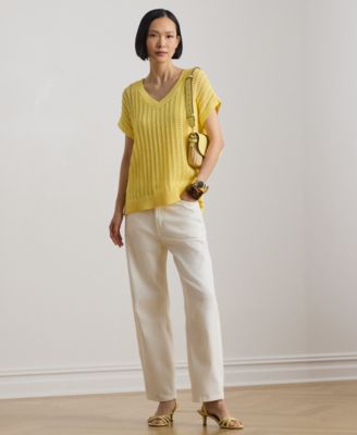 Petite V-Neck Open-Knit Sweater