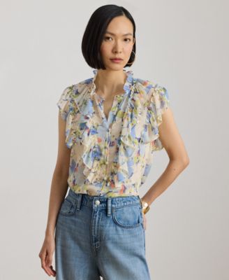 Petite Floral-Print Ruffle Band Collar Georgette Top