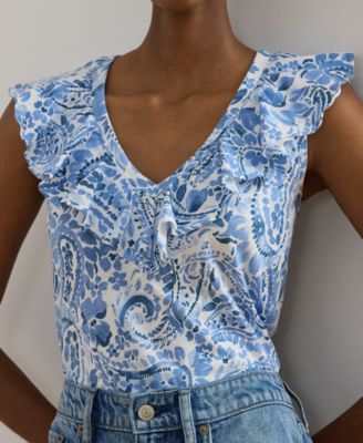 Petite Paisley-Print Ruffle-Trim Sleeveless Top