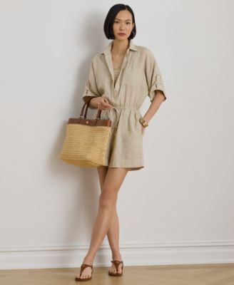 Petite Striped Linen Roll-Tab-Sleeve Romper