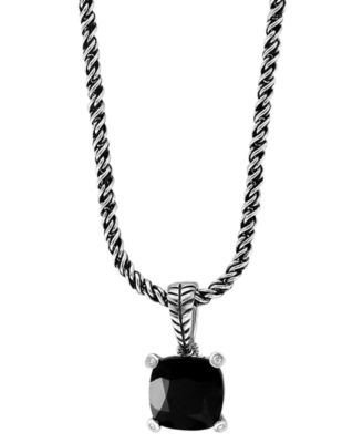 Diamond Accent (0.03 ct. t.w.) and Onyx Pendant Necklace in Sterling Silver