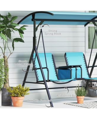 2 Person Porch Swing with Canopy, Storage Table, Cup Holder, Blue