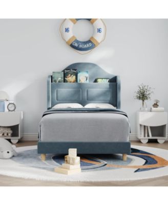 Upholstered Twin Bed Frame with LED Lights, Velvet Platform Bed Frame with Wing Back Storage Headboard, Wood Slats Support, Easy Assembly
