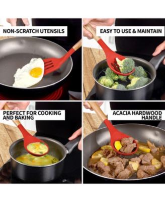 5 Piece Silicone Utensils Set with Authentic Acacia Wood Handles