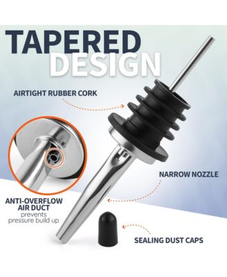 Stainless Steel Liquor Bottle Pourers with Rubber Dust Caps - 12 Pack