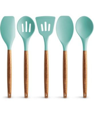 5 Piece Silicone Utensils Set with Authentic Acacia Wood Handles