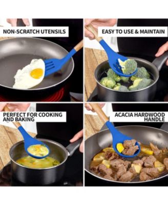 5 Piece Silicone Utensils Set with Authentic Acacia Wood Handles