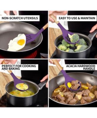 5 Piece Silicone Utensils Set with Authentic Acacia Wood Handles