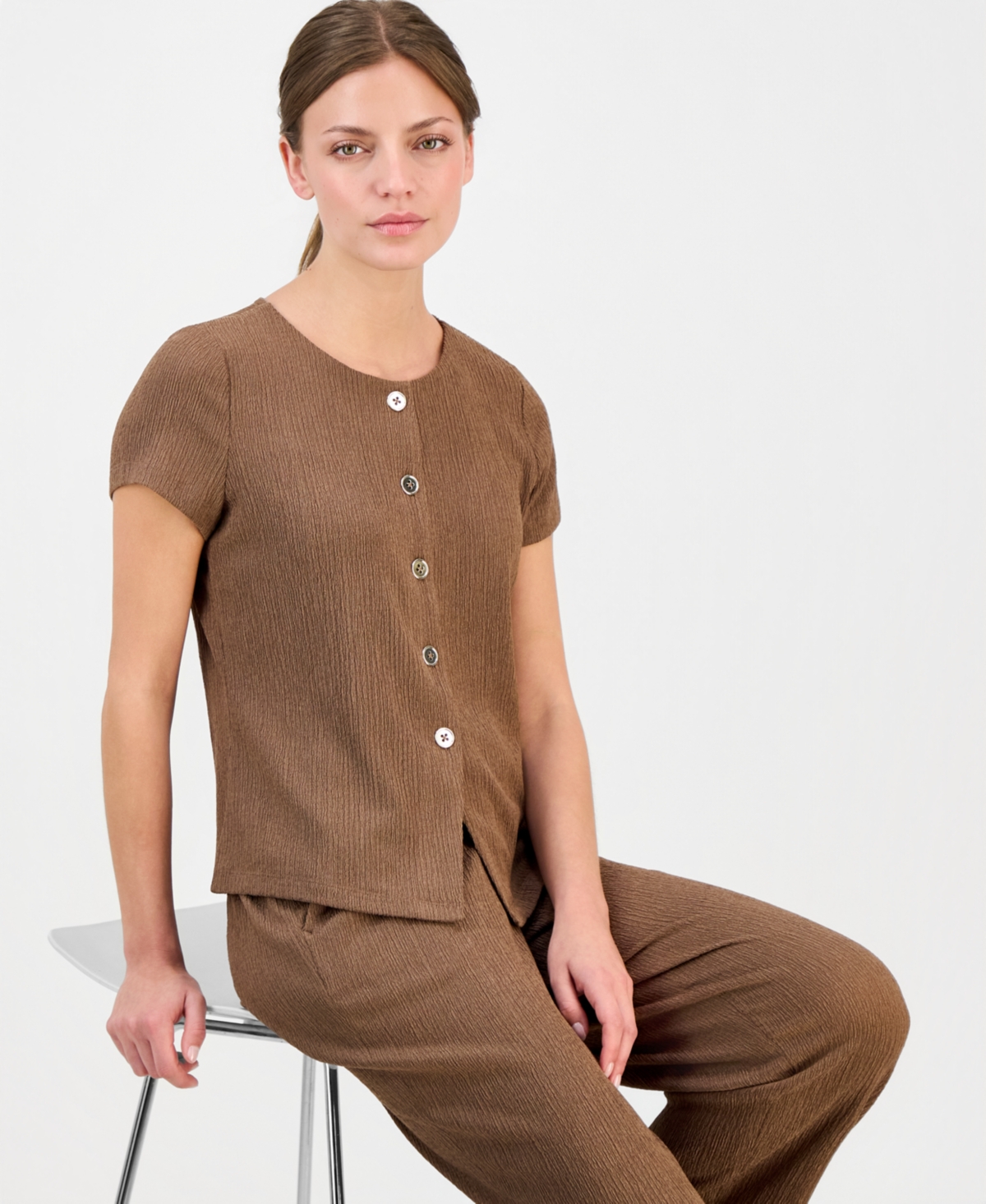 Anne Klein Essentials Petite Button-Front Blouse