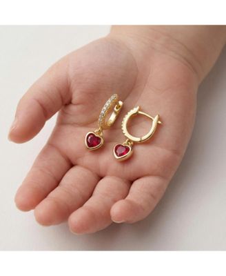Elegant 14K Gold Plated Heart Charm Drop CZ Pave Hoop Earrings