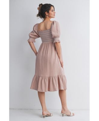 Maternity Smocked Empire Waist Puff Sleeve Midi Dress with Ruffle Hem