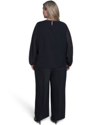 Plus Size Crew Neck Long-Sleeve Blouse