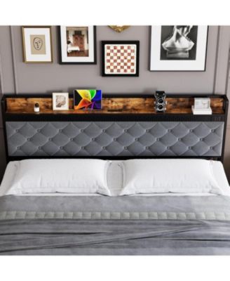 King Bed Frame with 2 Drawers and Charging Station, Upholstered LED Bed Frame with Storage Headboard, Noise-Free Design, No Box Spring Needed