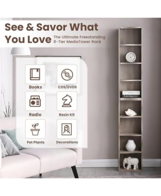 8-Tier Tall Narrow Bookshelf - A Wavy Border Design, Adjustable Shelves, Freestanding Display Bookcase for Living Room, Home Office