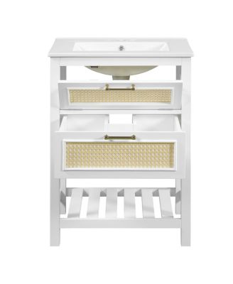 24 Inch Freestanding Bathroom Vanity with Ceramic Sink, Flip-Out Drawer & Modern Storage for Small Spaces