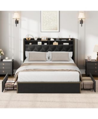 King Size Bed Frame with 4 Storage Drawers, Velvet Fabric Upholstered Platform Bed with Tufted Headboard, Wooden Slats, No Box Spring Required