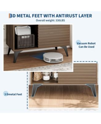 31" Fluted Sliding Door Sideboard,Modern Wooden Storage Cabinet with Metal Base, Floor-Standing Storage Cabinet