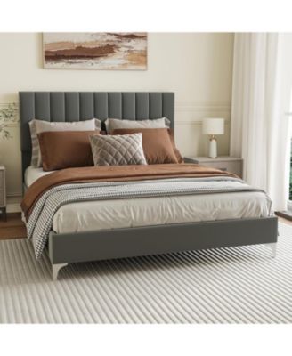 Queen Velvet Platform Bed with Adjustable Headboard