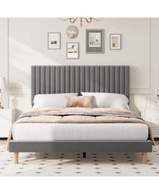 King Bed Frame with Adjustable Headboard, Velvet Upholstered Platform King Size Bed Frame, Vertical Channel Tufted, Strong Wooden Slats