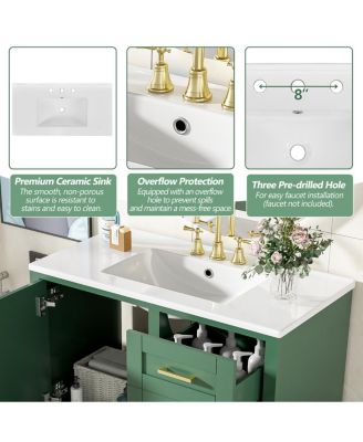 Bathroom Vanity with Ceramic Sink, Solid Pine Frame, Soft Close Drawers & Door for Small Spaces