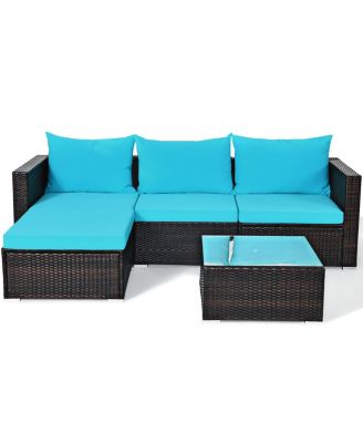 5PCS Cushioned Rattan Patio Conversation Set w/ Coffee Table Ottoman