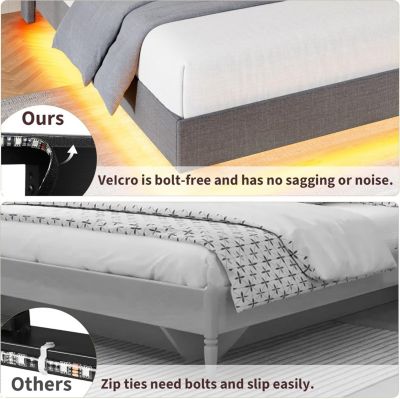 Full Floating Bed Frame with LED Lights Charging Station Storage Headboard Folding Shelves Metal Slats