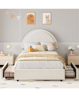 Twin Boucle Bed Frame with 2 Drawers Upholstered Platform Round Headboard Wood Slats No Box Spring