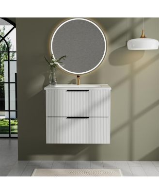 24" Wall Mounted Bathroom Vanity with Ceramic Sink, Fluted MDF Cabinet & Drawers for Modern Bathrooms